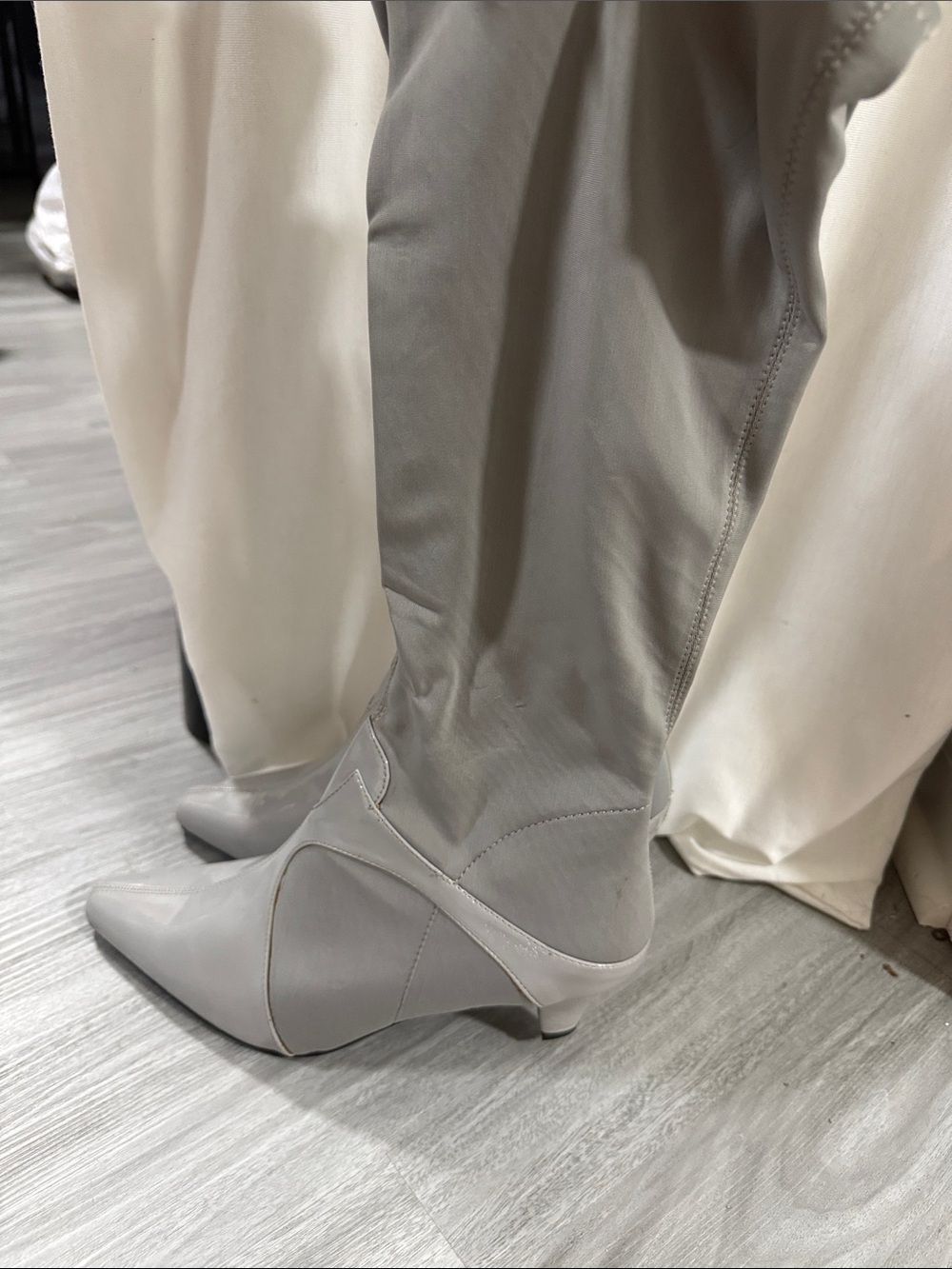 Bellini Gray Stretch Over-the-Knee Pointed Kitten Heel Boots